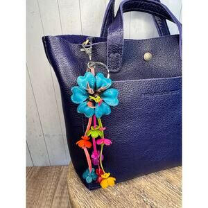 Blue Daisy Flower Leather Bag Charm Genuine Leather Purse Charm Flowers